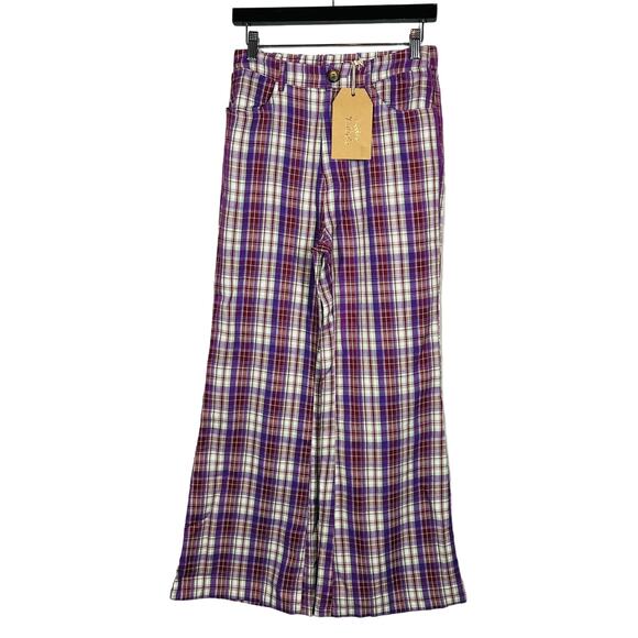 NEW! Listicle Plaid Wide Leg Trouser Pant Retro Stretch Waist Purple - M - Picture 1 of 5